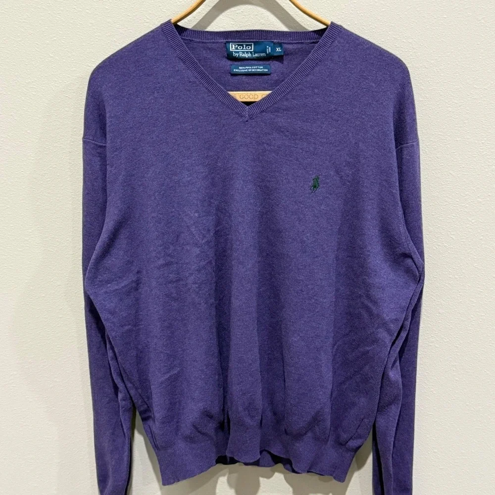 VTG Polo Ralph Lauren Pima Cotton V-Neck Sweater Mens‎ XL Long Sleeve Pony Logo